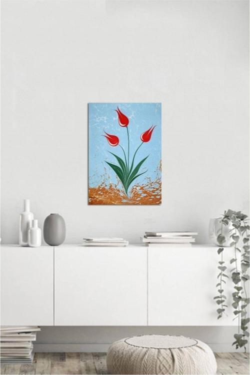 Ebru Kırmızı Laleler Kanvas Tablo 20x30 cm