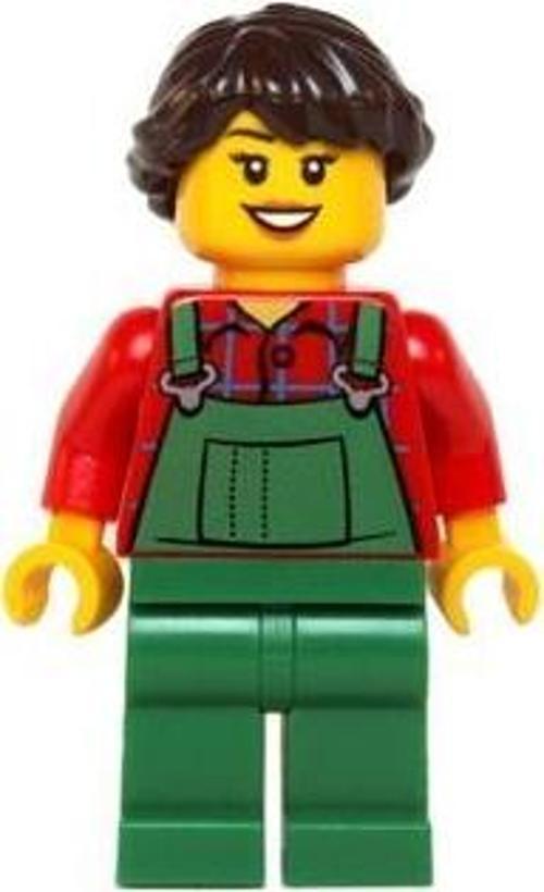 Minifigür Overalls Farmer Green Dark Brown French Braided Female Hair +5 Yaş (1 Parça)