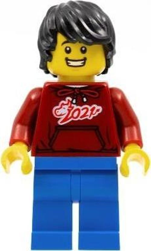 Minifigür Man Dark Red '2021' Shirt Blue Legs Black Hair +5 Yaş (1 Parça)