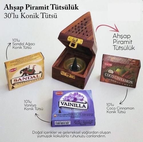 Piramit Ahşap Tütsülük Ve 3 Çeşit 10Lu Konik Tütsü Vanilya Tarçın