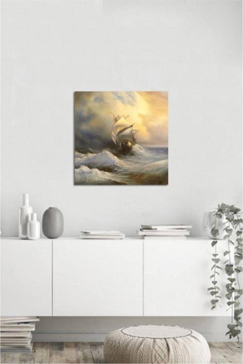 Yağlı Boya Fırtınada Yelkenli Tekne Kanvas Tablo 90x90 cm B-17-131 90x90 cm