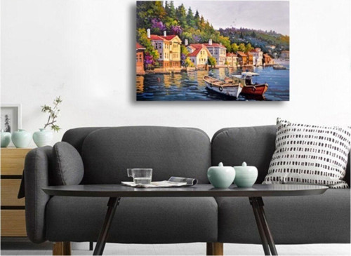 Yağlı Boya Istanbul Kıyıda Tekneler Kanvas Tablo 30x40 cm B-16-343 30x40 cm