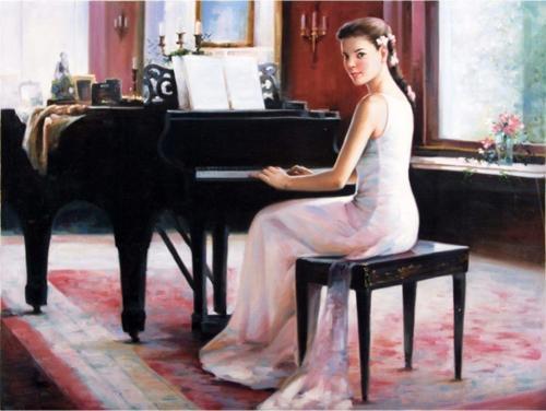 Yağlı Boya Piyano Çalan Kız Kanvas Tablo 60x90 cm 60x90 cm