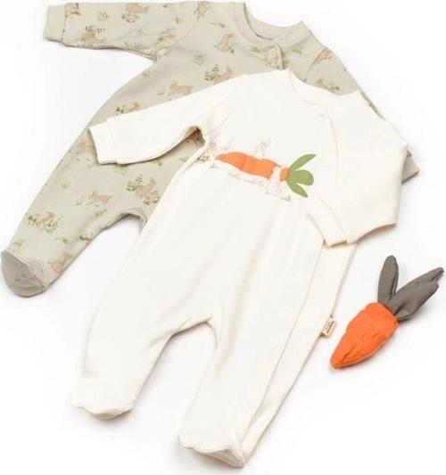 Bebek 2Li Çıtçıtlı Tulum %100 Organik Pamuk, Bebek Ve Yenidoğan Serisi - Csy5820 Ekru - Yeşil 3-6 Ay