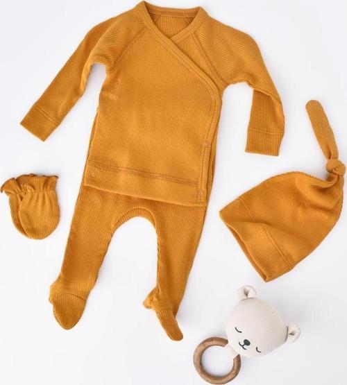 Bebek 4’Lü Takım (Pantolon, Uzun Kol T-Shirt, Şapka, Eldiven), Bebek Ve Yenidoğan Serisi - Csym24505 Safran 6-9 Ay