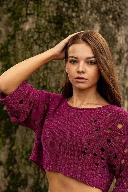 VerdeBlanco Yırtık Detaylı Örme Crop Top Mürdüm