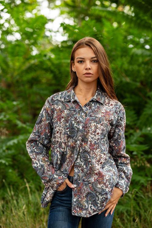 VerdeBlanco Dijital Çiçek Baskılı Uzun Kollu Relax Gömlek