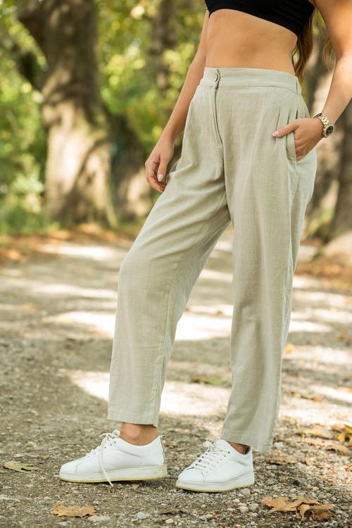 VerdeBlanco Pile Detaylı %100 Pamuk Keten Pantolon Krem