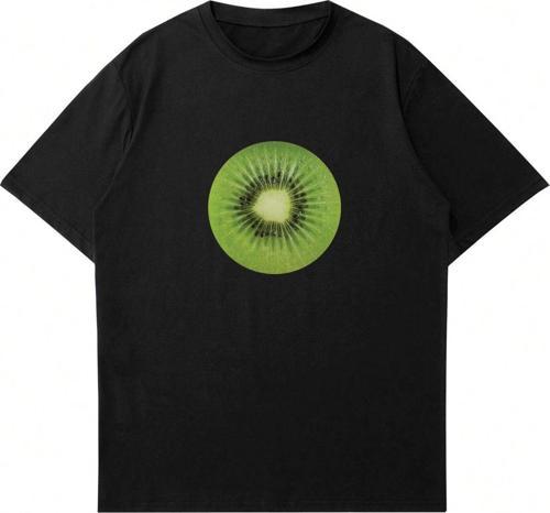 Kadın Kivi Baskılı Bisiklet Yaka Oversize Tshirt Siyah 2XL