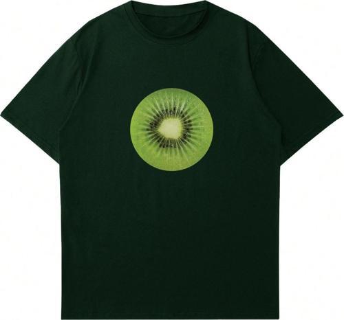 Kadın Kivi Baskılı Bisiklet Yaka Oversize Tshirt Koyu Yeşil XS
