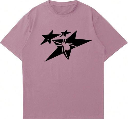 Unisex Star Spider Baskılı Bisiklet Yaka Oversize Tshirt Pembe S