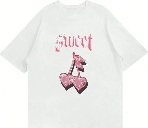 Unisex Sweet Cherry Baskılı Bisiklet Yaka Oversize Tshirt Ekru 2XL