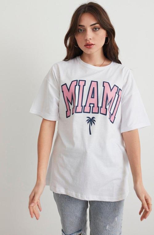Kadın Beyaz Miami Baskılı Oversize T-Shirt Beyaz 2XL