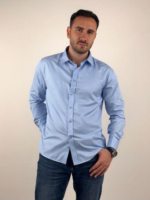 Erkek Slim Fit Kesim Düğmeli Yaka Uzun Kollu Gabardin Gömlek Mavi 2XL