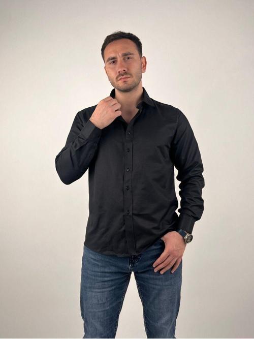 Erkek Slim Fit Kesim Düğmeli Yaka Uzun Kollu Gabardin Gömlek Siyah 2XL