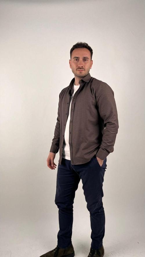 Erkek Slim Fit Uzun Kollu Düğmeli Yaka Oxford Gömlek Kahverengi 2XL