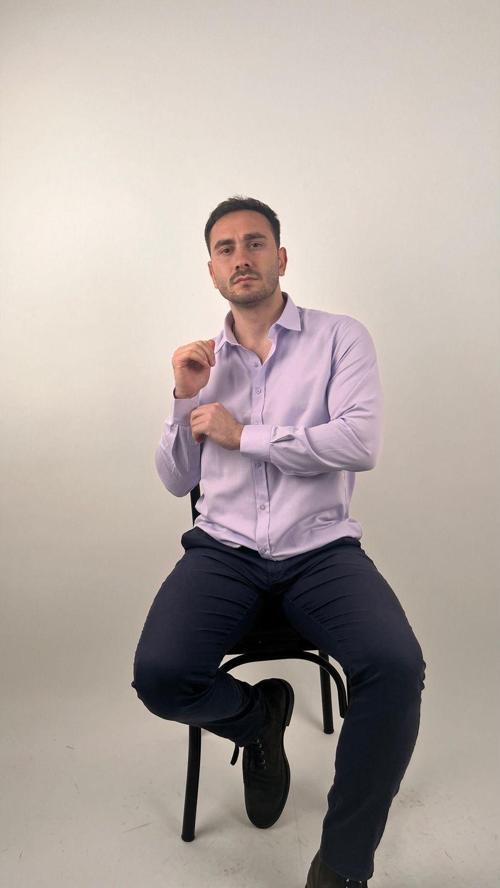 Erkek Slim Fit Uzun Kollu Düğmeli Yaka Oxford Gömlek Lila 2XL