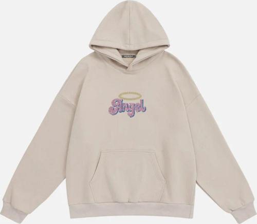 Kadın Angel Taş Baskılı Kapüşonlu Polarlı Oversize Sweatshirt Bej 2XL