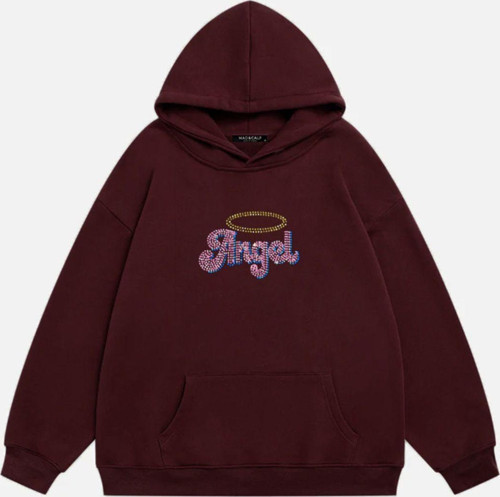 Kadın Angel Taş Baskılı Kapüşonlu Polarlı Oversize Sweatshirt Bordo S