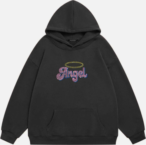 Kadın Angel Taş Baskılı Kapüşonlu Polarlı Oversize Sweatshirt Füme 2XL