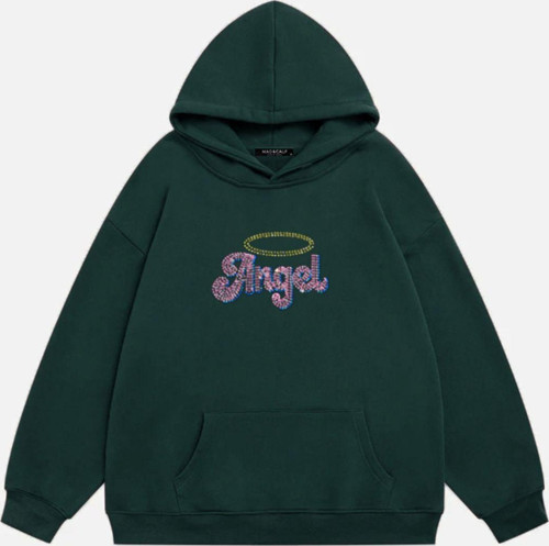 Kadın Angel Taş Baskılı Kapüşonlu Polarlı Oversize Sweatshirt Koyu Yeşil XL