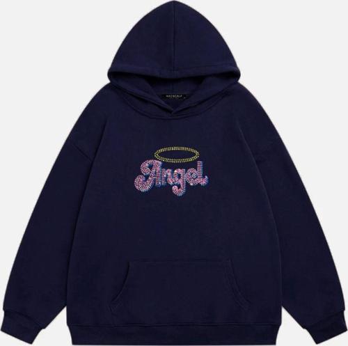 Kadın Angel Taş Baskılı Kapüşonlu Polarlı Oversize Sweatshirt Lacivert M