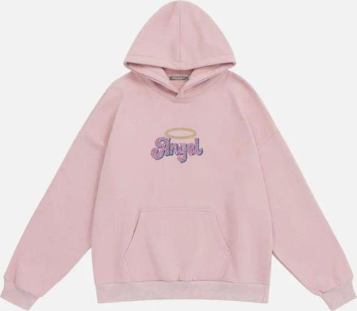 Kadın Angel Taş Baskılı Kapüşonlu Polarlı Oversize Sweatshirt Pembe 2XL