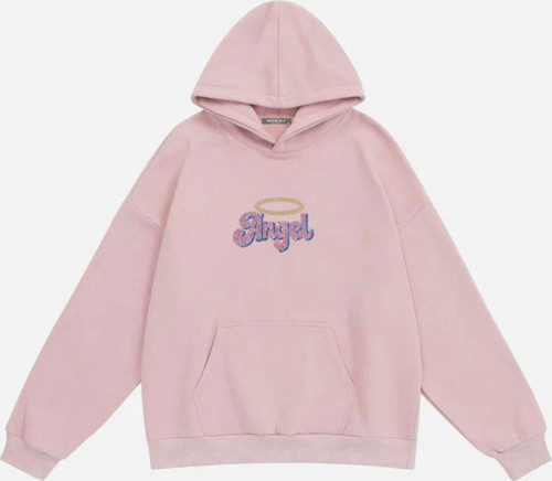 Kadın Angel Taş Baskılı Kapüşonlu Polarlı Oversize Sweatshirt Pembe S
