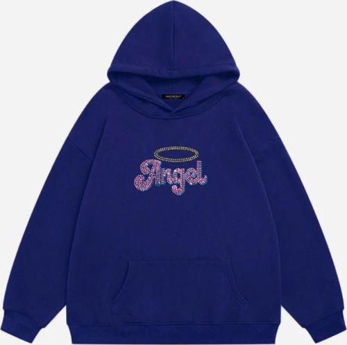 Kadın Angel Taş Baskılı Kapüşonlu Polarlı Oversize Sweatshirt Saks 2XL