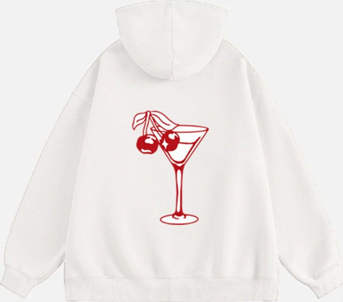 Kadın Cherry Coctail Baskılı Kapüşonlu Polarlı Oversize Sweatshirt Ekru M