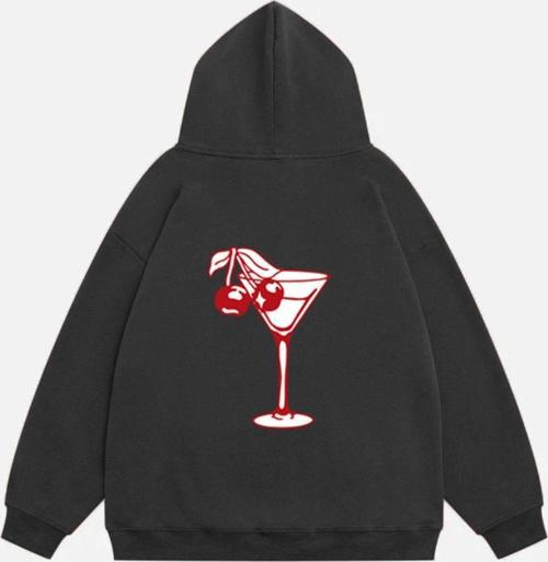 Kadın Cherry Coctail Baskılı Kapüşonlu Polarlı Oversize Sweatshirt Füme 2XL