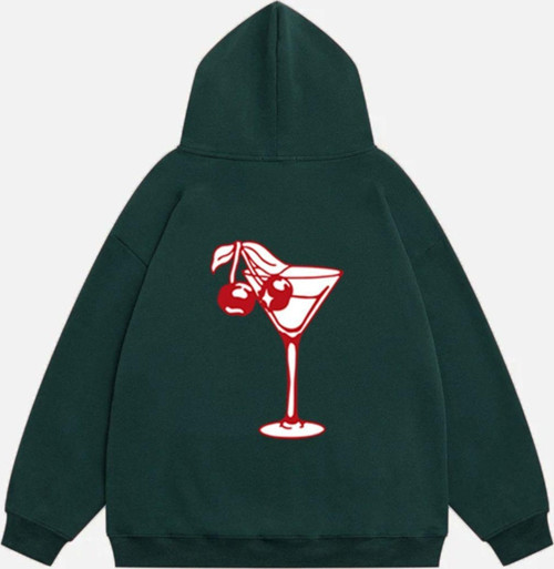 Kadın Cherry Coctail Baskılı Kapüşonlu Polarlı Oversize Sweatshirt Koyu Yeşil 2XL