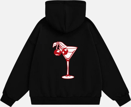 Kadın Cherry Coctail Baskılı Kapüşonlu Polarlı Oversize Sweatshirt Siyah 2XL