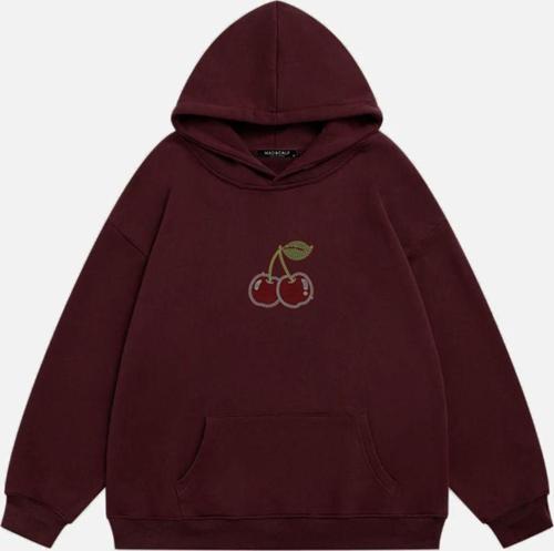 Kadın Cherry Taş Baskılı Kapüşonlu Polarlı Oversize Sweatshirt Bordo 2XL