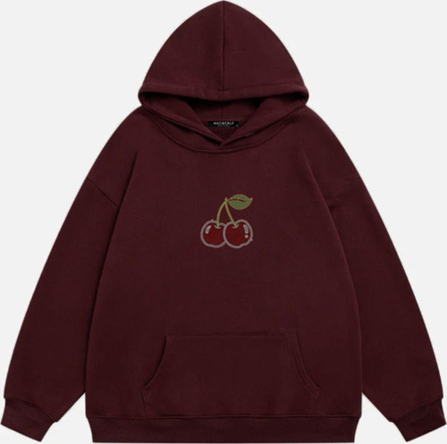 Kadın Cherry Taş Baskılı Kapüşonlu Polarlı Oversize Sweatshirt Bordo S