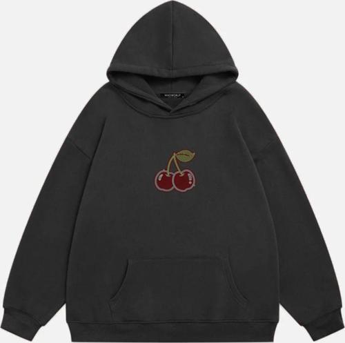 Kadın Cherry Taş Baskılı Kapüşonlu Polarlı Oversize Sweatshirt Füme 2XL