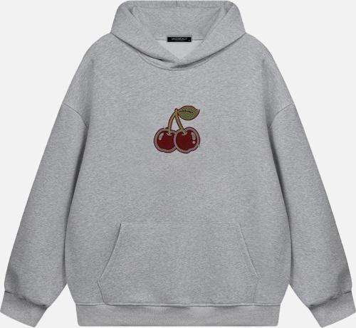 Kadın Cherry Taş Baskılı Kapüşonlu Polarlı Oversize Sweatshirt Gri 2XL