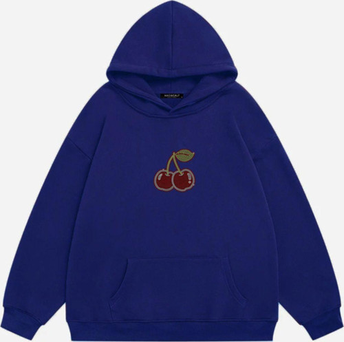 Kadın Cherry Taş Baskılı Kapüşonlu Polarlı Oversize Sweatshirt Saks XL