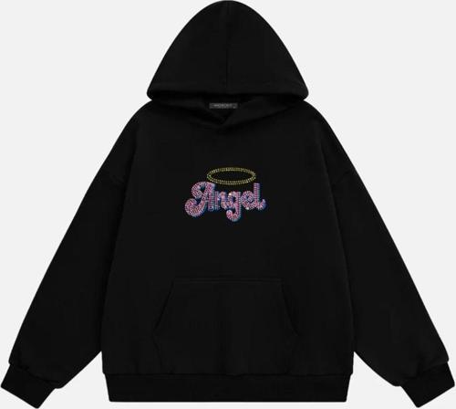 Kadın Angel Taş Baskılı Kapüşonlu Polarlı Oversize Sweatshirt Siyah L