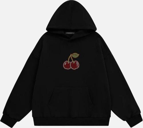 Kadın Cherry Taş Baskılı Kapüşonlu Polarlı Oversize Sweatshirt Siyah M