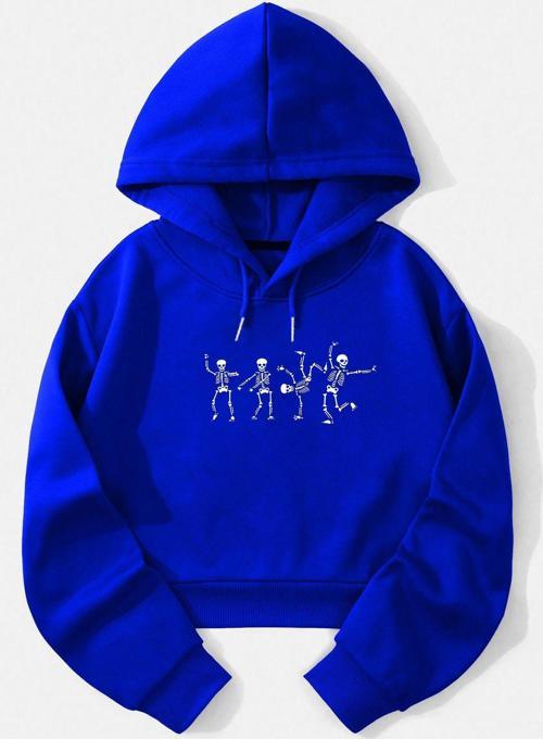 Kadın İskelet Baskılı Kapüşonlu Crop İçi Polarlı Oversize Sweatshirt Saks L