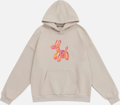 Kadın Baloon Dog Baskılı Kapüşonlu Polarlı Oversize Sweatshirt Bej 2XL