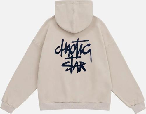 Kadın Chaotic Star Baskılı Kapüşonlu Polarlı Oversize Sweatshirt Bej 2XL