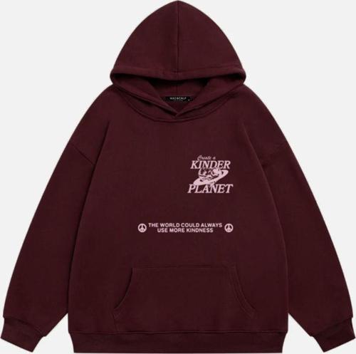 Kadın Kinder Planet Baskılı Kapüşonlu Polarlı Oversize Sweatshirt Bordo 2XL