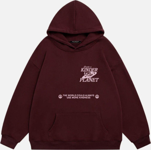 Kadın Kinder Planet Baskılı Kapüşonlu Polarlı Oversize Sweatshirt Bordo XS