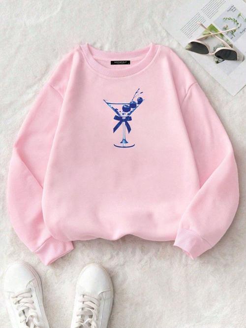 Kadın Dirty Martini Baskılı Oversize Polarlı Sweatshirt Pembe M