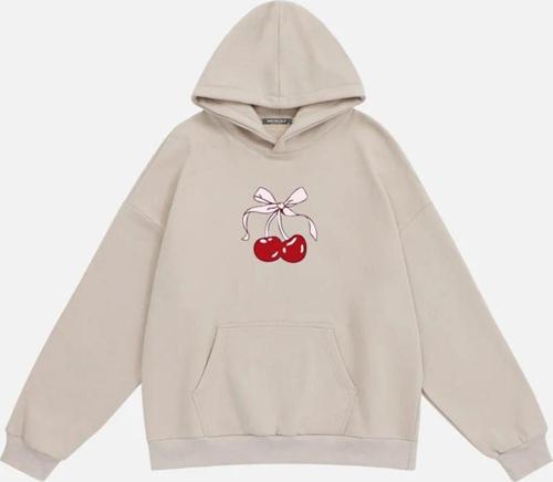 Kadın Cherry Baskılı Kapüşonlu İçi Polarlı Oversize Sweatshirt Bej 2XL