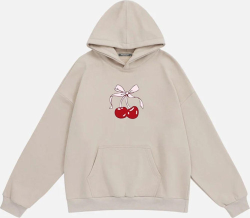 Kadın Cherry Baskılı Kapüşonlu İçi Polarlı Oversize Sweatshirt Bej XL