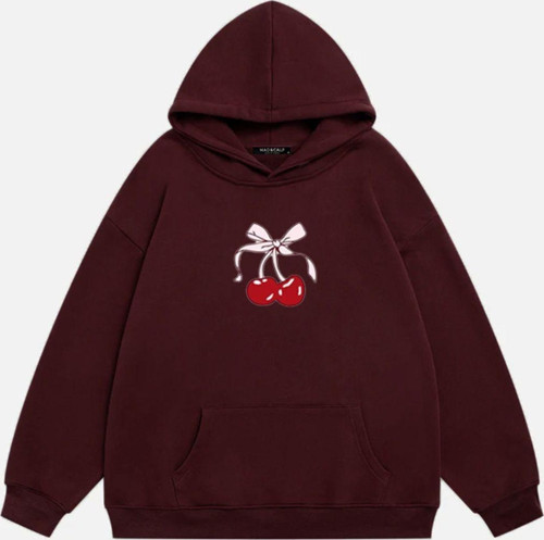 Kadın Cherry Baskılı Kapüşonlu İçi Polarlı Oversize Sweatshirt Bordo XL