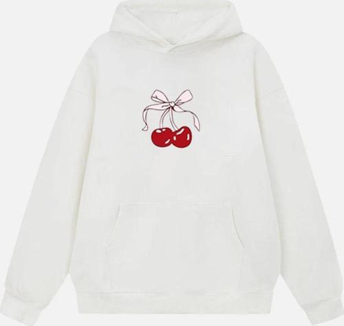 Kadın Cherry Baskılı Kapüşonlu İçi Polarlı Oversize Sweatshirt Ekru 2XL